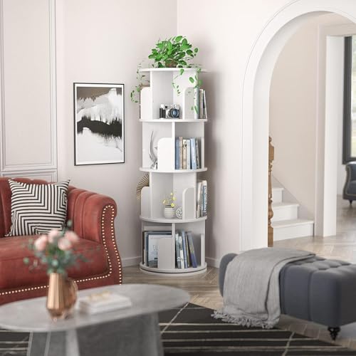 White Rotating Bookshelf, 360 Display Spinning Standing Bookcase Storage Rack, Wood Narrow Corner Book Shelf Organizer for Bedroom, Living Room, 4 Tier 40 * 40 * 126cm