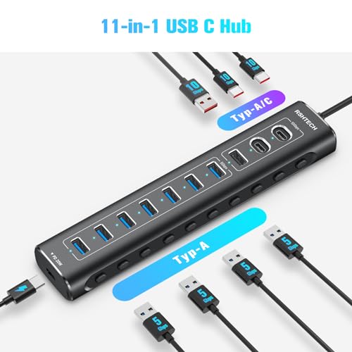 USB Powered Hub, RSHTECH 11 Ports USB 3.2 Hub with Power 60W (12/5A), USB Data Port 10Gbps (2*Tip-C, 1*Tip-A), 7*5Gbps USB 3.0 and 20W PD, Aluminum USB Splitter with 2 in 1 Cable, RSH-A11PD