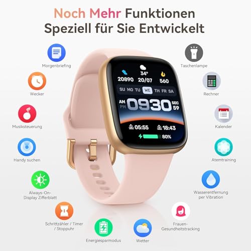 Smartwatch Women Men, 1.85 Inch AMOLED Touch Screen, Fitness Tracker with Bluetooth Calls & AI, Heart Rate, SpO2, Sleep & Women's Cycle Tracking, 100+ Sports Modes, 3ATM Waterproof for iOS & Android
