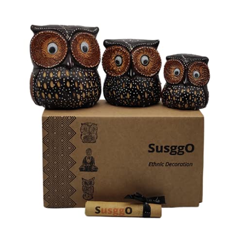 SusggO Set of 3 Decorative Wooden Owls, Owl Decoration, Owl Figures, Lucky Owls, Hand-Carved, Craft Idea, Furniture Ornament (Brown, Dots, Model 5)