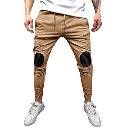AgrinTol Mens Sports Pants, Men's Spring Winter Joggers Solid Patchwork Drawstring Sweatpants Trouser Pants Khaki - Thumbnail 4