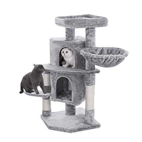 FEANDREA 39Inch Cat Tree, Cat Tower Condo, 2 Caves, 1 Basket, Light