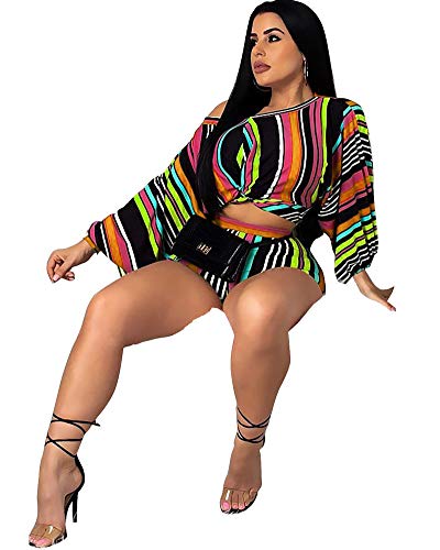 Women Sexy 2 Piece Print Jumpsuits Off Shoulder Crop Top Short Pants Set Outfits Green S