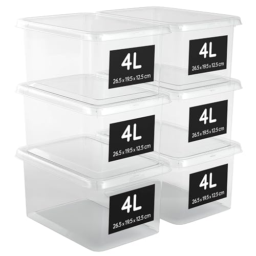 AHIOVA 4L Small Plastic Boxes with Lids Set of 6 Stackable Storage Boxes 100% Transparent Click Pressure 26.5 x 19.5 x 12.5 cm Bathroom Drawers Office BPA Free Made in Europe