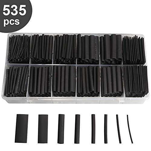 535pcs Heat Shrink Tubing Kit, Heat Shrink Tubes Wire Wrap, Ratio 2:1 Electrical Cable Sleeve Assortment with Storage Case for Long Lasting Insulation Protection by MILAPEAK (8 Sizes, Black)