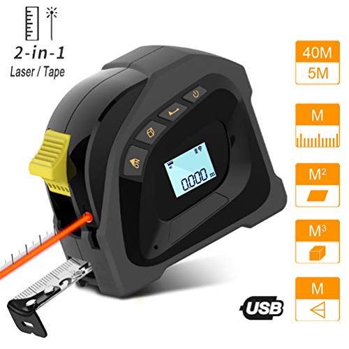 Laser Tape Measure 2-in-1, Measuring Tape, Laser Measure 131Ft, Tape Measure 16Ft, M/In/Ft - Pythagorean Distance Area and Volume - Construction Laser Measurement Tool LCD display USB Rechargeable