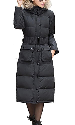 Kufv Women's Long Down Hooded Coat with Faux Fur Trim (XXL, Black)
