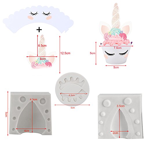 Kabi 5PCS Unicorn Silicone Cake Toppers Mold Set for Baking Cake Decoration Making Sugar Craft Candy Chocolate,with Unicorn Cupcake Toppers & Wrappers Double Sided 12 Sets