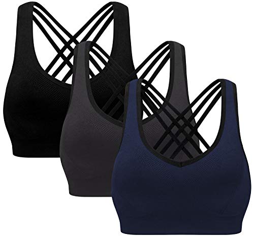 MIRITY Padded Strappy Sports Bras for Women Fashion Comfy Activewear Workout Bra Pack of 3 Color Black Grey Blue Size M