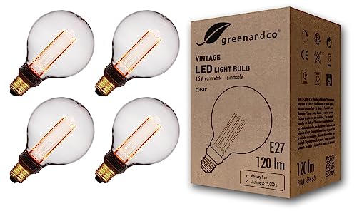 greenandco 4x dimmbare Vintage Design LED Birne zur Stimmungsbeleuchtung | E27 G95 | klar | 3,5W 120lm | 1800K extra warmweiß | 320° | 230V | flimmerf