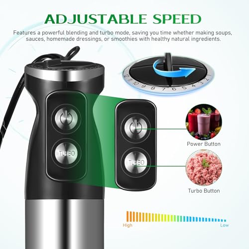 Batidora de Inmersión 5 en 1, Batidora de Mano de 1000 W, 12 Velocidades, Acero Inoxidable 304, Con Vaso Mezclador de 600 ml, Picador de 500 ml, Batidor y Espumador de Leche (Negro)