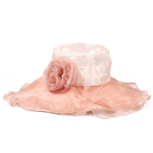 LOCOMO Women Floral Pattern Chiffon Layer Kentucky Derby Wide Brim Hat FFH148PNK