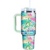 Ordinary Glimmers Stainless Steel Double Wall 40oz Tumbler with Lid, Straw, and Handle - Premium Water Bottle; Palm Tree Print; Birthday Gifts for Women, Ideal for Teachers, Moms, Nurses
