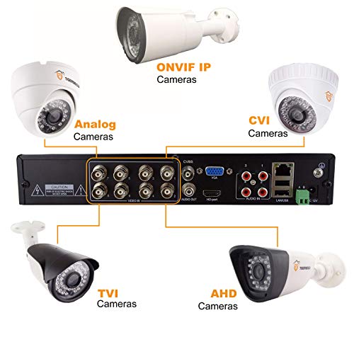 TIGERSECU Super HD 1080P H.265+ 8-Channel Security Camera System, DVR/NVR Recorder with 1TB Hard Drive and 4-1080P Weatherproof Security Cameras, Supports Analog and ONVIF IP Cameras