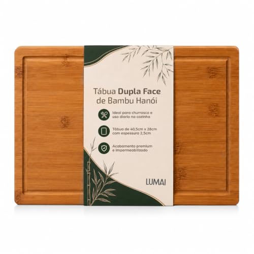 LUMAI Tábua de Bambu Premium Hanói, Dupla Face, Impermeabilizada, 2,5cm | Para Cortar e Servir, Espessura Reforçada, Bambu Verticalizado Premium com Sulco para Líquidos, Cozinha e Churrasco