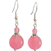 Pink Jade Earrings 925 Sterling Silver Hooks Round Dangle Double Bead Handmade Women Jewelry Tibetan Silver in Gift Box