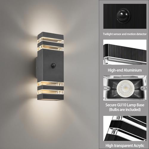 JNR Outdoor Lamp with Motion Sensor, GU10 LED Outdoor Lamp, Anthracite Grey | Outdoor light with PIR motion sensor, IP54 waterproof 230 V aluminium outdoor lamp, 2 x 5 W GU10 3000 K LED bulb