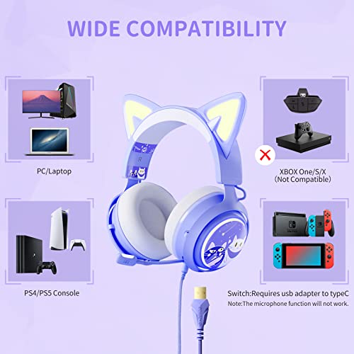 EASARS Cat Ear Headset, USB Gaming Headset with Retractable Mic, 7.1
