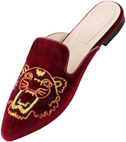 Elegant Footwear Women's Pointed Toe Embroidered Tiger Mule Loafer Slipper (7 B(M) US, Wine)