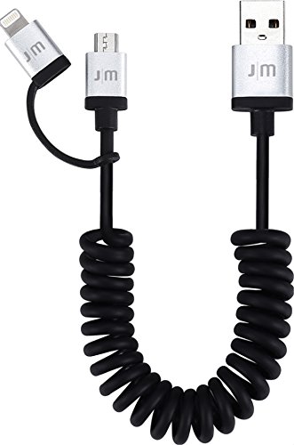 Just Mobile AluCable Duo Twist Coiled Utility Cable with 2.4A High Speed Aluminum Lightning Connector for iPhones, iPads, and iPods, Black/Silver (DC-189)