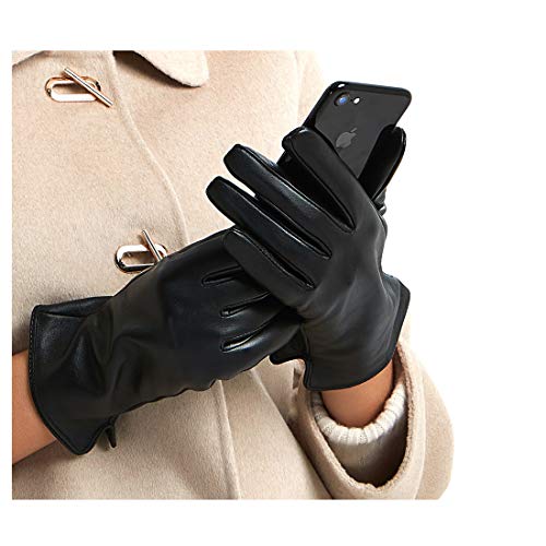 Harssidanzar Womens Luxury Italian Nappa Leather Gloves Vintage Finished Cashmere Lined Touchscreen, Black, L