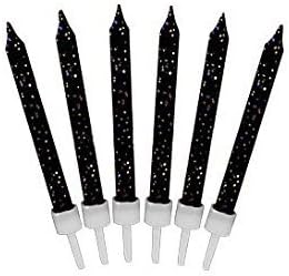 12 Black Glitter Cake Candles with Holders by Cake Supplies