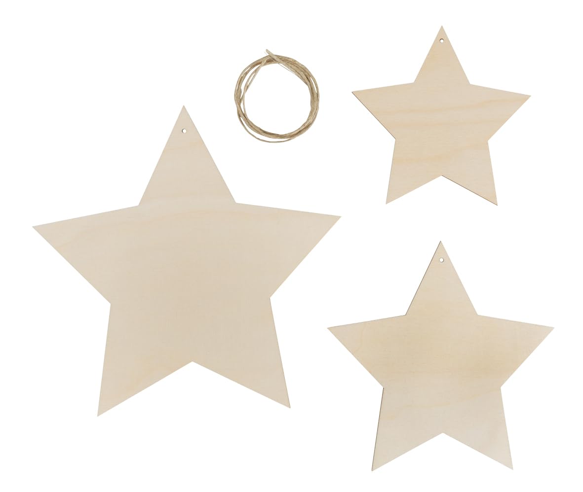 Rayher Set of Three Wood Stars for Crafting and Home Décor, Wood Star Hanging Ornaments, Wooden Star Shapes for Crafts, 12+15+20cm, natural wood, 46707505