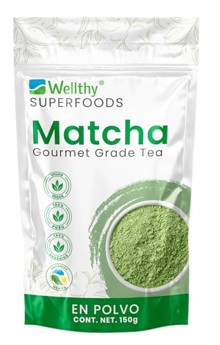 Wellthy Superfoods Té Matcha en Polvo 150g. 75 Porciones Por Envase, Certificado Orgánico, 100& Natural, Excelente para Bebidas Frías o Calientes. Bottle Free.
