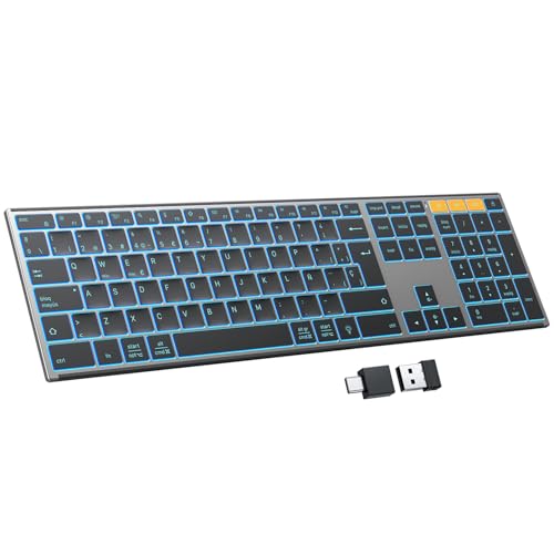 OMOTON Wireless Bluetooth Keyboard + 2.4GHz, Metal Case, Multi-Device Silent Spanish QWERTY Keyboard, Rechargeable Backlit Keyboard for Windows/Mac, Office and Study, Grey Black