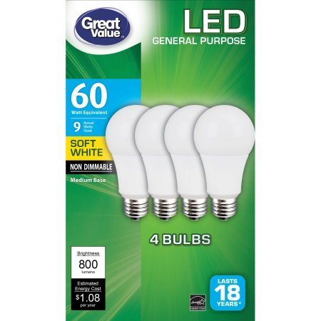 (4-Pack) Great Value LED A19 60W Equivalent (Uses only 9W) Non-Dimmable Soft White (2700K) Medium Base – Engineered by TCP