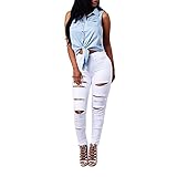 VICVIK High Waist Women Knee Skinny Denim Distressed Ripped Boyfriend Jeans (XL, White)
