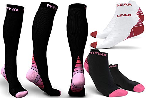 Physix Gear Sport Compression Socks for Men & Women 20-30 mmHg - 2 Pairs Low Cut & 1 Pair Knee High PNK LXL