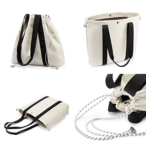 LOVEVOOK Canvas Shopper Damen Handtasche Schultertasche Umhängetasche Einkaufen Arbeiten Schule Reisetasche PU-Griff Schrumpfseil Henkeltasche Cremeweiß