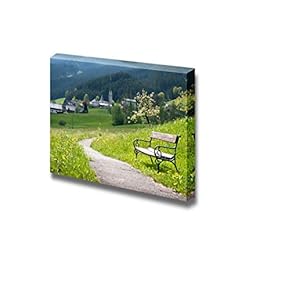 Canvas Prints Wall Art - Bench and a Curved Country Road in a Rural Landscape in Springtime | Modern Wall Decor/Home Decoration Stretched Gallery Canvas Wrap Giclee Print & Ready to Hang - 12" x 18"