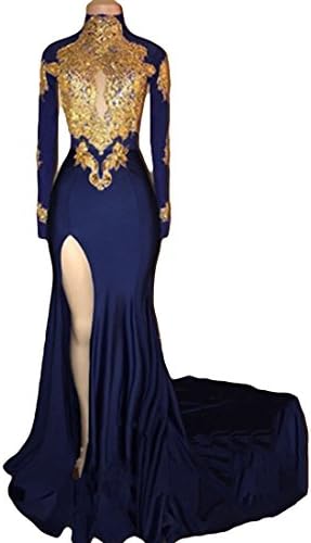 VikDressy Women's Mermaid High Neck Prom Dress 2018 with Gold Appliques Long Sleeves Evening Gowns