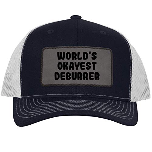 World's Okayest Deburrer - Leather Grey Patch Engraved Trucker Hat, Navy-White, One Size