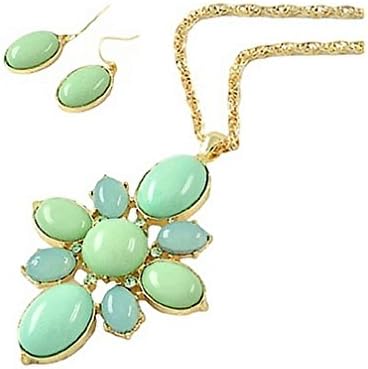 Mint Green Large Pendant Long Necklace Gold Jewelry (Box#47)