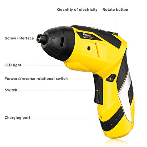 Baban Electric Screwdriver 2000mAh Li-Ion Rechargeable Cordless Screw Gun with 30Bits USB Charging Cable 30pcs Driver Bits LED Light, Yellow