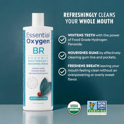 ESSENTIAL OXYGEN CERTIFIED BR ORGANIC BRUSHING RINSE, ALL NATURAL MOUTHWASH FOR WHITER TEETH, FRESHER BREATH, AND HAPPIER GUMS, ALCOHOL-FREE ORAL CARE, WINTERGREEN, 16 OUNCE