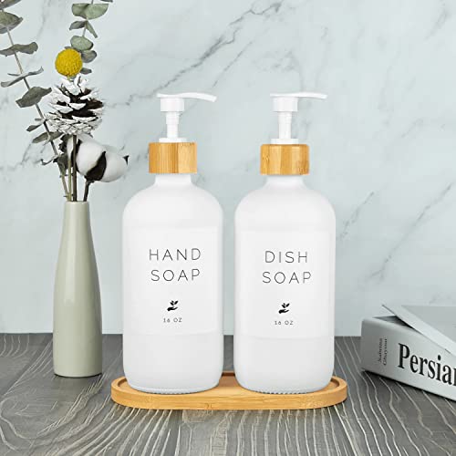 Glass Soap Dispenser with Bamboo Pumps and Tray, 2 Pack 16 Oz Dish and