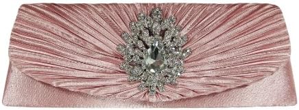 Mauve Pink Satin with Rhinestone Brooch Evening Bag Handbag Clutch Shoulder Bag