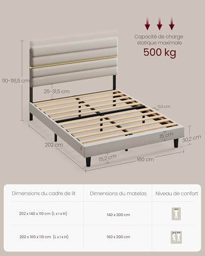 Lit Double, Cadre de Lit, Convient pour Un Matelas de 160 x 200 cm, Tête de Lit Rembourrée Ajustable, en Métal, Bois Massif, Moderne, Beige Cappuccino RMB505LH01