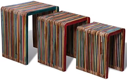HELLOLAND Set of 3 Wood Nesting Tables Stackable Coffee End Table Set Living Room Sofa Snack Tables Space Saving Home Furniture (Colourful Reclaimed Teak)