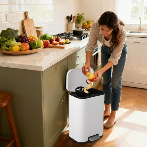 30L Stainless Steel Trash Can for Kitchen, Office, Bathroom – Rectangular, Soft-Close Lid, Foot Pedal, Removable Bucket, Fingerprint-Proof, Space-Saving,White