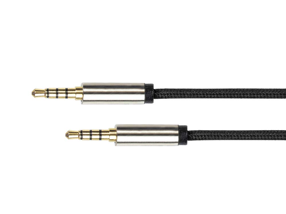 PYTHON Series Premium Audio AUX 3.5 mm Jack Cable 4-Pin - 1 m - Full Metal Plug with 2 mm Step for Protective Cases on Both Sides - Gold-Plated Connectors - Copper Conductor - Textile Braid - Black