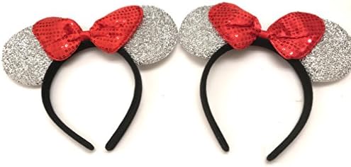 Mickey Minnie Mouse Ears 2 pc White Sequins Bow Headband for Boys and Girls Birthday Party Celebrations