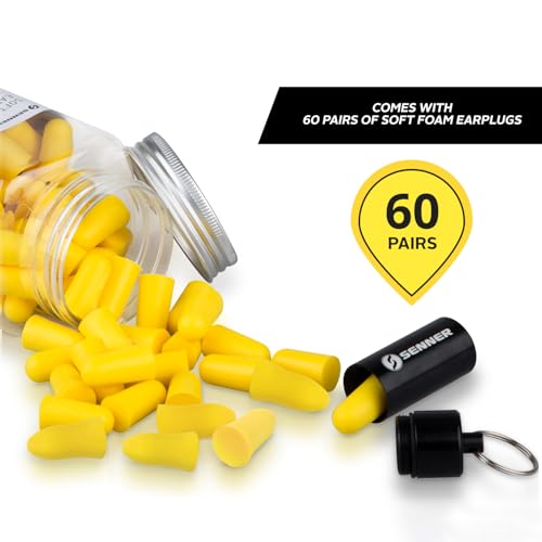 Senner SchaumPro Hearing Protection for a Peaceful Sleep or Protection at Work - Earplugs with High Noise Insulation (SNR) of 35 dB, Receives Alarm Tones, 60 Pairs with Aluminium Container for Transport