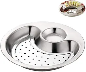 QIBOORUN Stainless Steel Dumpling Plate Serving Food Platter With Removable Water Filter And Seasoning Dish Tableware Fruit Salad Sushi Double Tray-Sliver