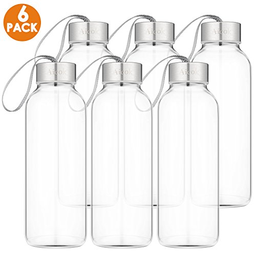 Glass Bottle, Aicok Glass Water Bottle, Juice Bottle, Glass Bottle Set for Water, Juice, Beverage, Smoothie, 15 OZ, 6 Pack Stainless Steel Caps with Carrying Loop