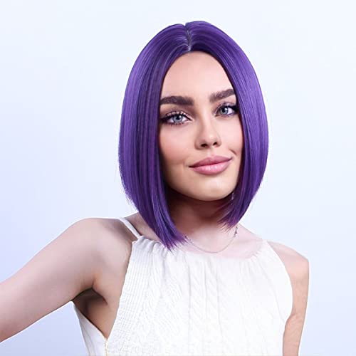 MAGQOO Dark Purple Wig for Women Short Purple Wig Purple Bob Wig Short Straight Deep Purple Wig Middle Part Synthetic Heat Resistant